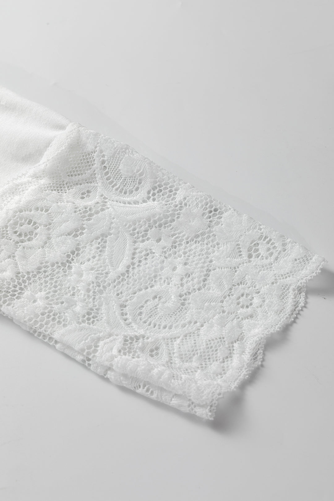 White Lace Trim V Neck Cuffed Long Sleeve Loose Top