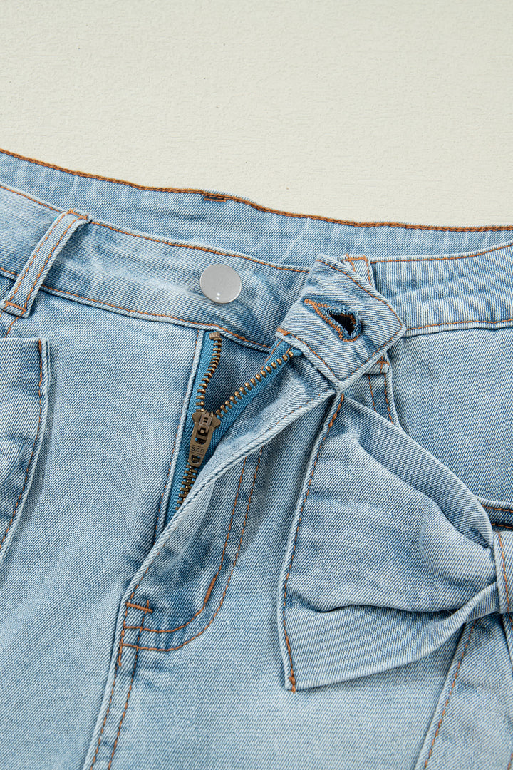 Beau Blue Bow Detail Denim Shorts with Pockets
