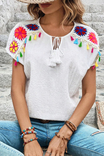 White Knit Crochet Patchwork Textured Fringed V Neck Blouse