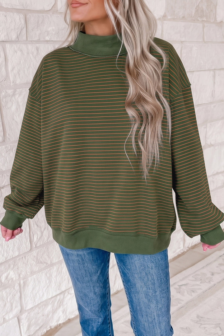 Green Stripe Ribbed Color Block Mock Neck Oversized Sweatshirt