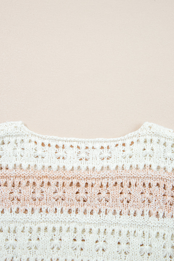 Pink Hollow-out Colorblock Drop Shoulder Casual Sweater