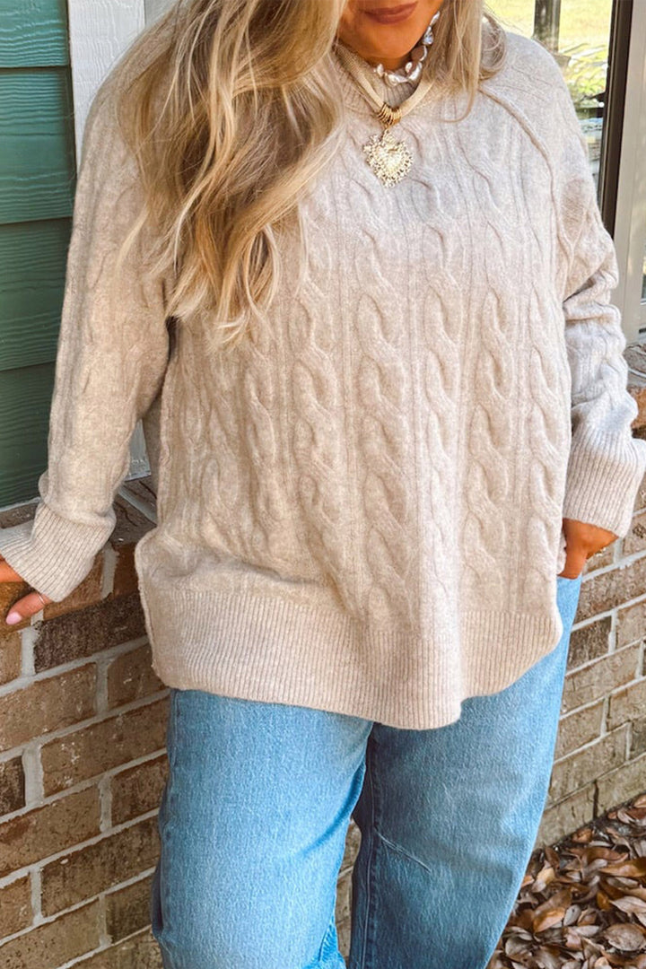 Parchment Oversized Cable Knit Long Sleeve Round Neck Tunic Length Plus Size Sweater