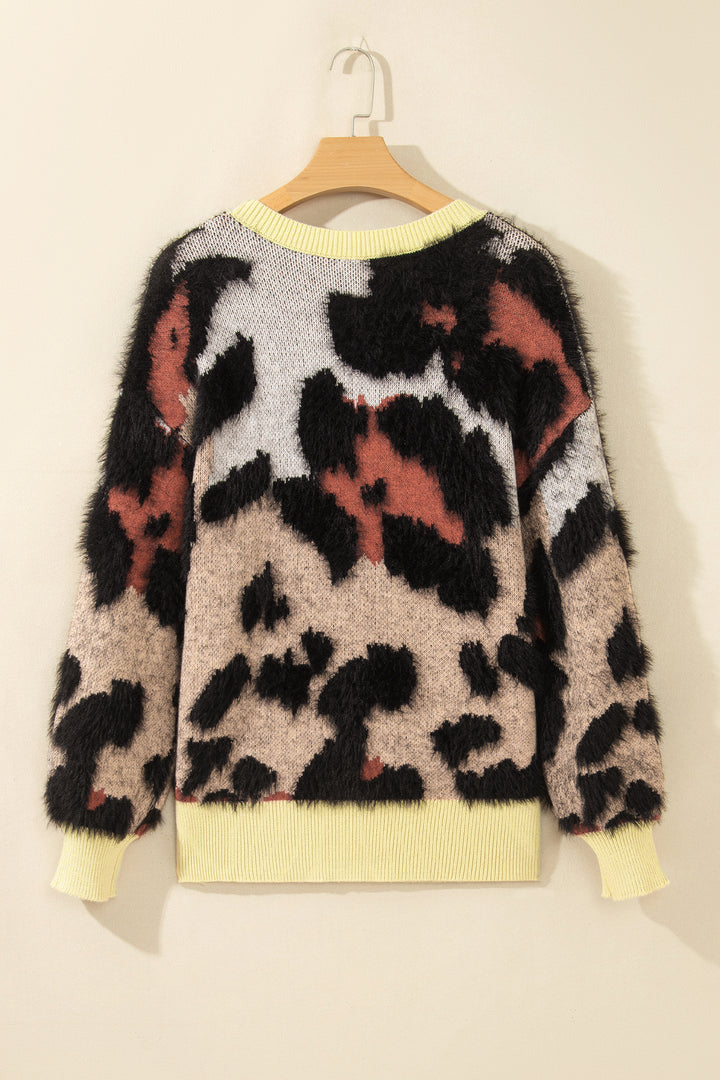 Khaki Leopard Print Drop Shoulder Long Sleeve Round Neck Sweater