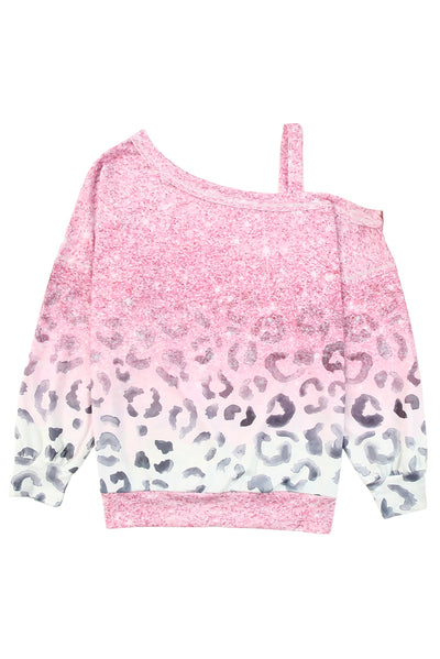 Pink Leopard Patchwork One Shoulder Long Sleeve Top