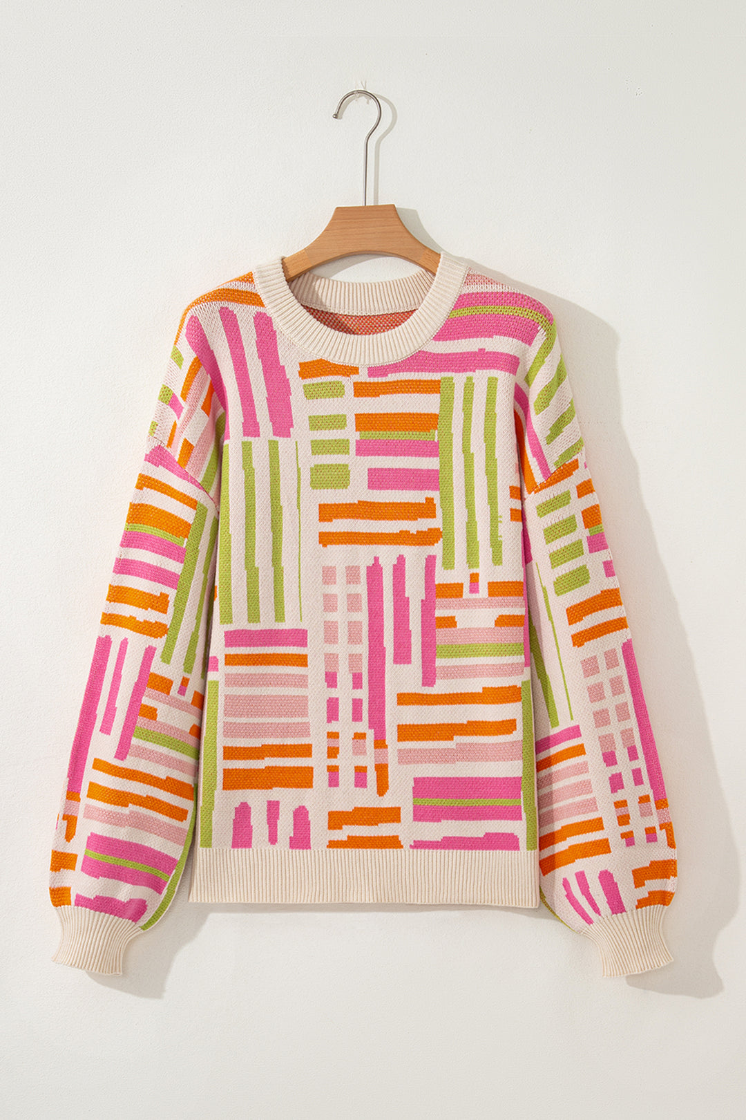 Rose Love Lines Pattern Crew Neck Puff Sleeve Sweater