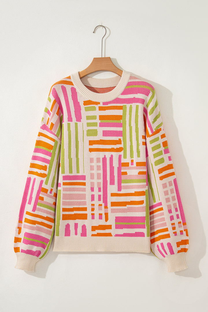 Rose Love Lines Pattern Crew Neck Puff Sleeve Sweater