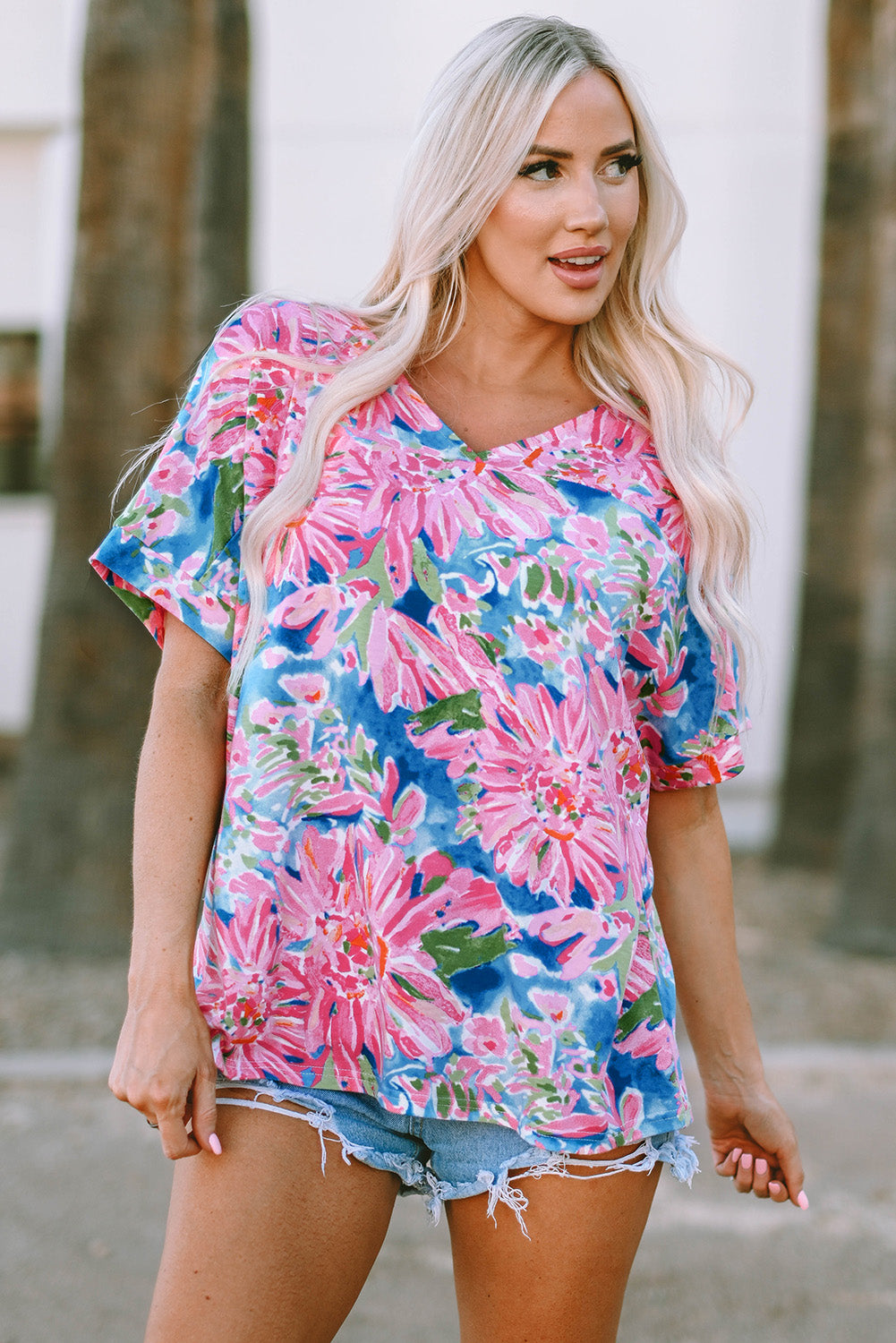 Pink Floral Print Loose Fit V Neck T Shirt