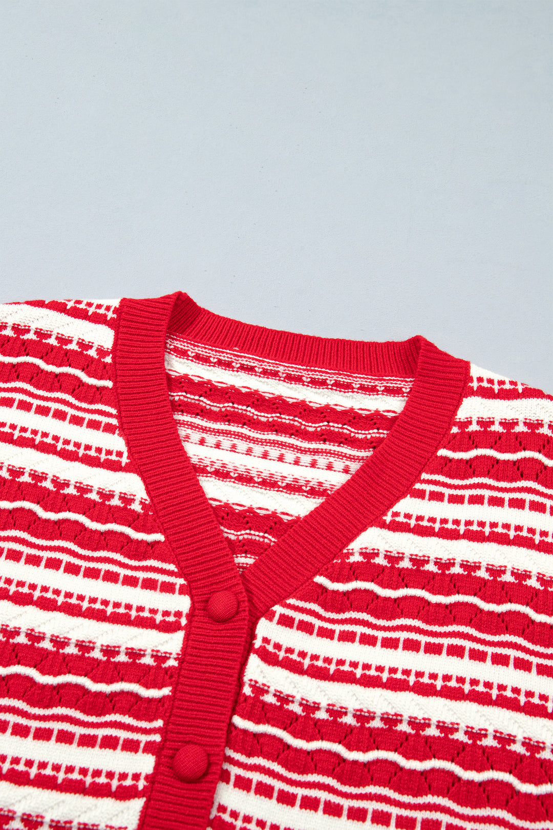Red Geometric Striped Pattern V Neck Button Front Casual Knit Cardigan