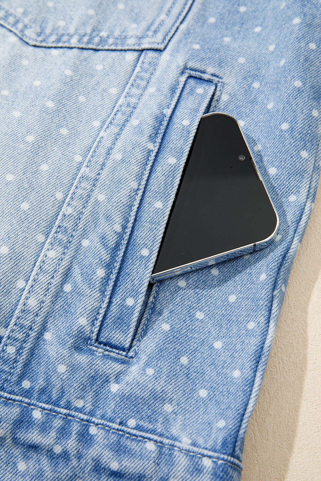 Sky Blue Polka Dot Long Sleeve Collar Pocket Casual Shift Silhouette Denim Jacket