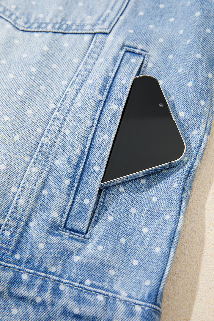 Sky Blue Polka Dot Long Sleeve Collar Pocket Casual Shift Silhouette Denim Jacket