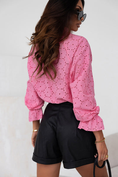 Pink Hollow Out Embroidered Floral Shirt