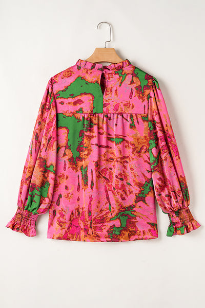 Rose Abstract Print Frilly Neckline Puff Sleeve Blouse