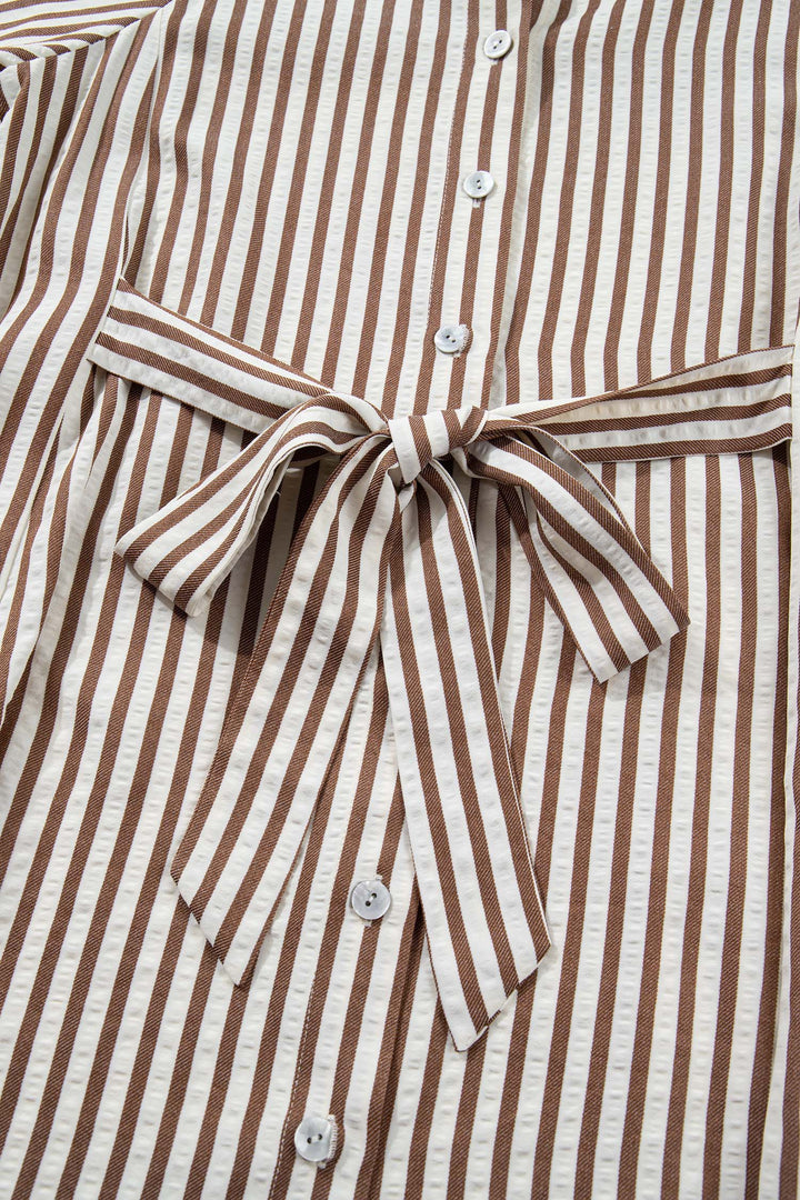 Brown Stripe Knot Waist Puff Sleeve Button Down Mini Shirt Dress