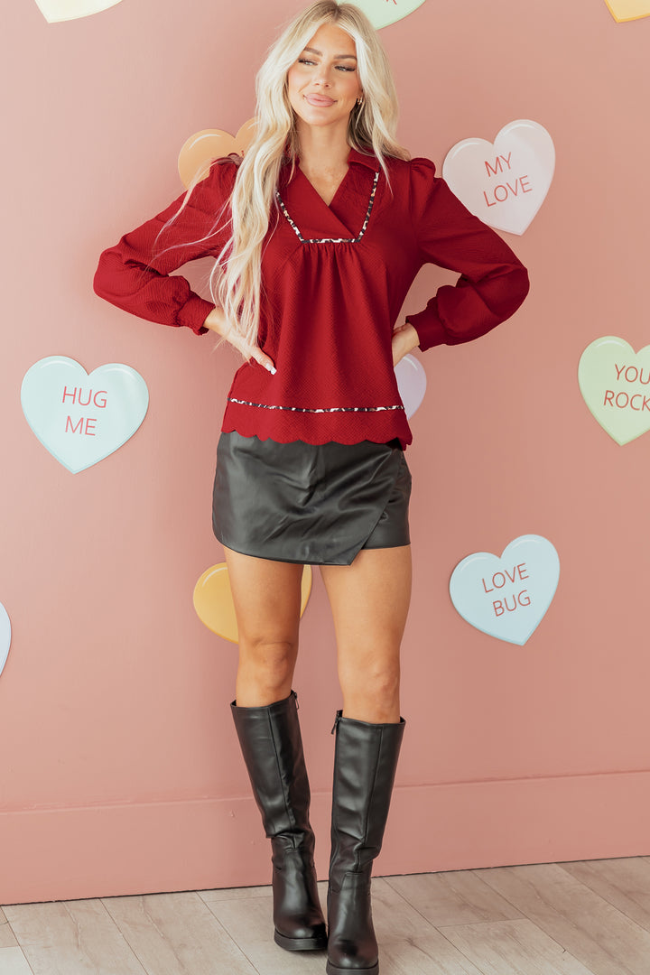 Fiery Red Collar V Neck Leopard Contrasted Trim Textured Blouse