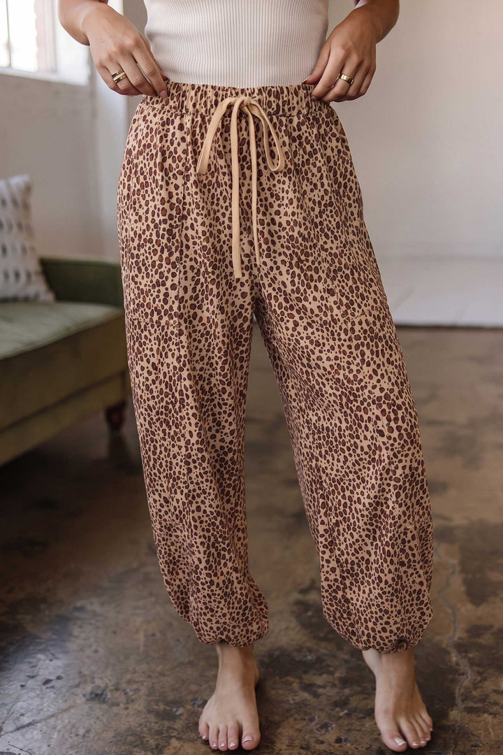 Khaki Leopard Print Drawstring Waist Patch Pockets Pants