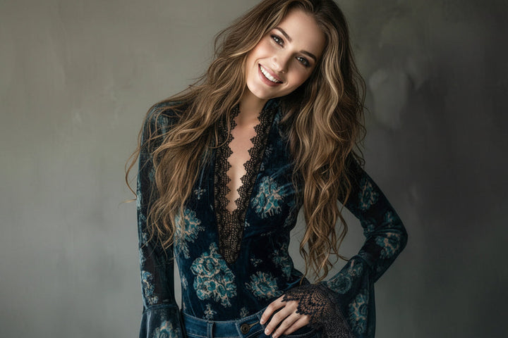 Women’s Retro Lace Panel V-Neck Blouse – Elegant Print Bell Sleeve Top for Spring &amp; Autumn Wear