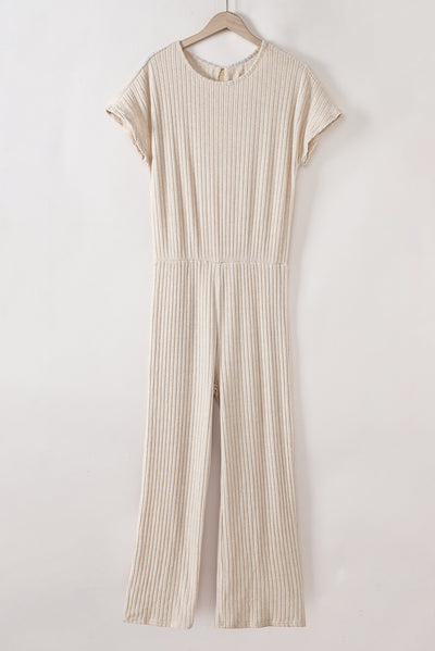 Parchment Solid Color Ribbed Short Sleeve Wide Leg Jumpsuit