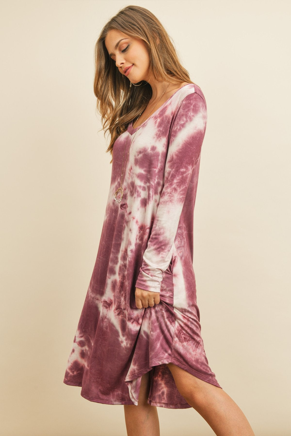 Tie Dye V-Neck Rounded Hem Midi Dress