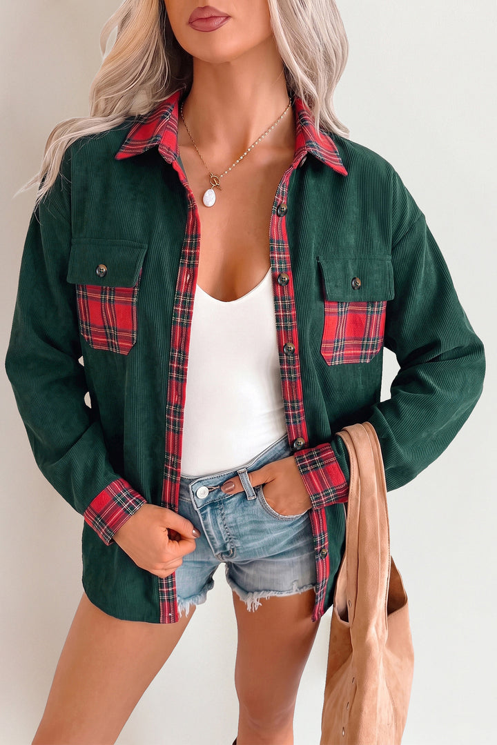 Blackish Green Plaid Pocket Button Long Sleeve Shift Shacket
