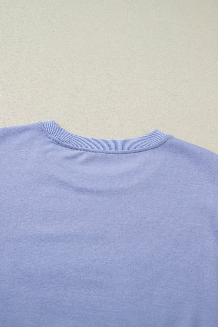 Beau Blue Flounce Long Sleeve Top Drawstring Pants Contrast Velvet Bow Knot 2pcs Lounge Set