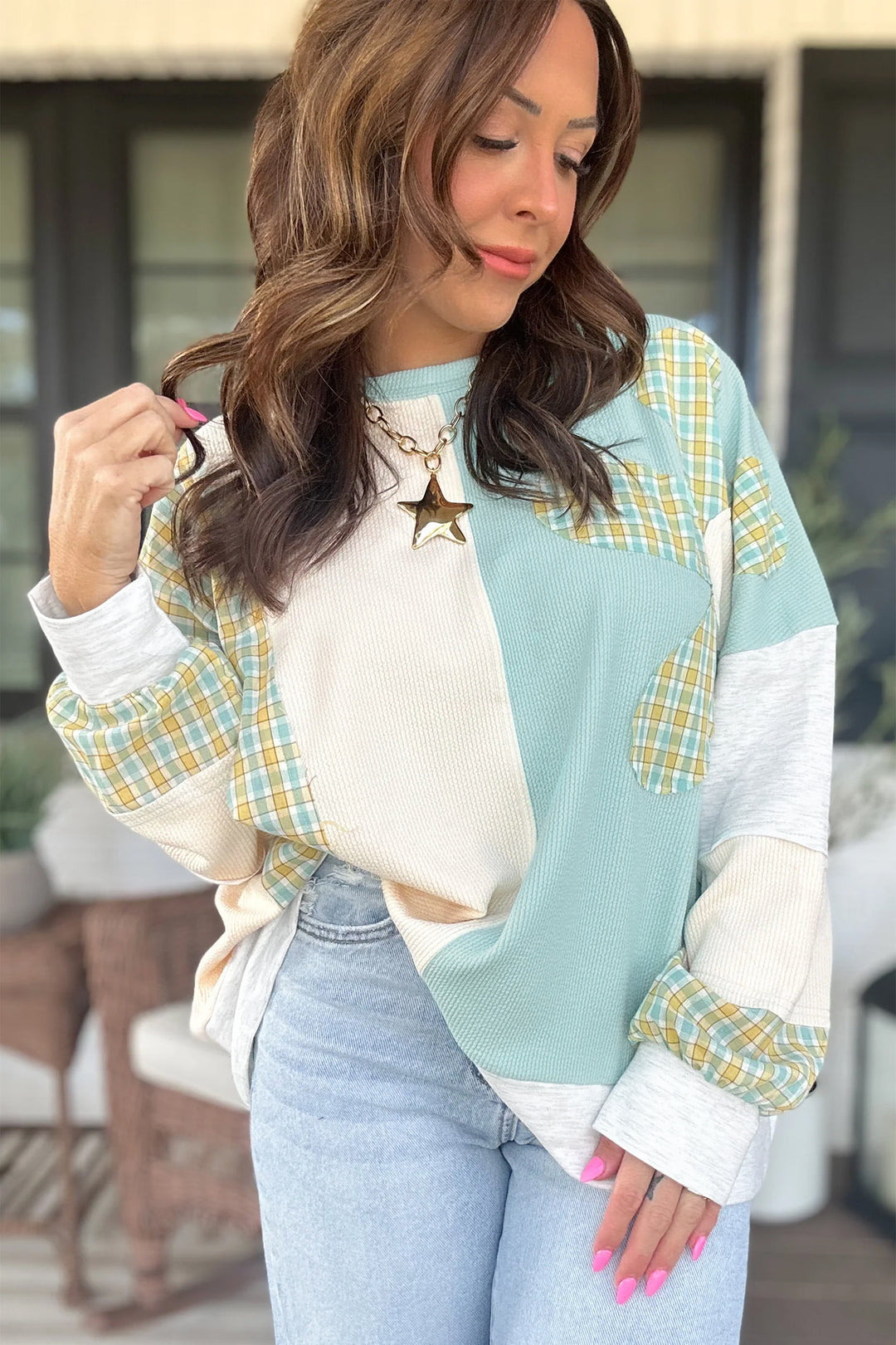 Light Blue Plaid Patchwork Round Neck Long Sleeve Top