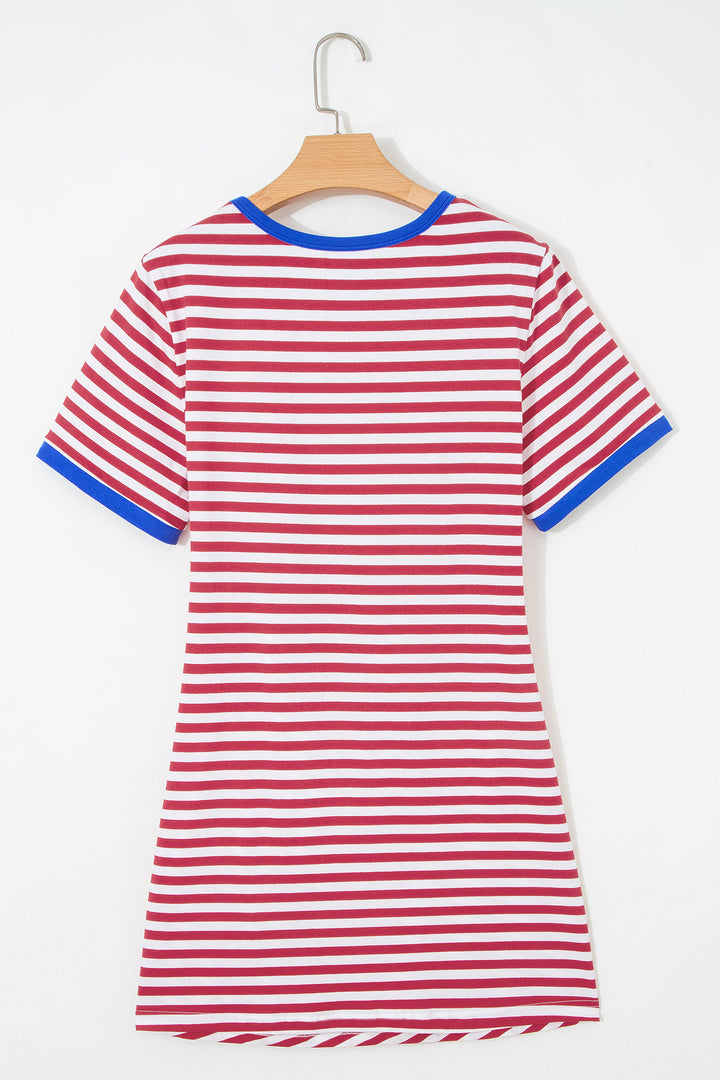 Sky Blue Stripe Nautical Tie Contrast Trim Round Neck T Shirt Mini Dress