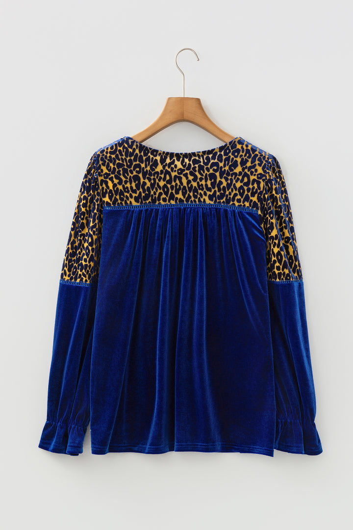 Sky Blue Leopard Patchwork Shoulder Flounce Sleeve Velvet Blouse