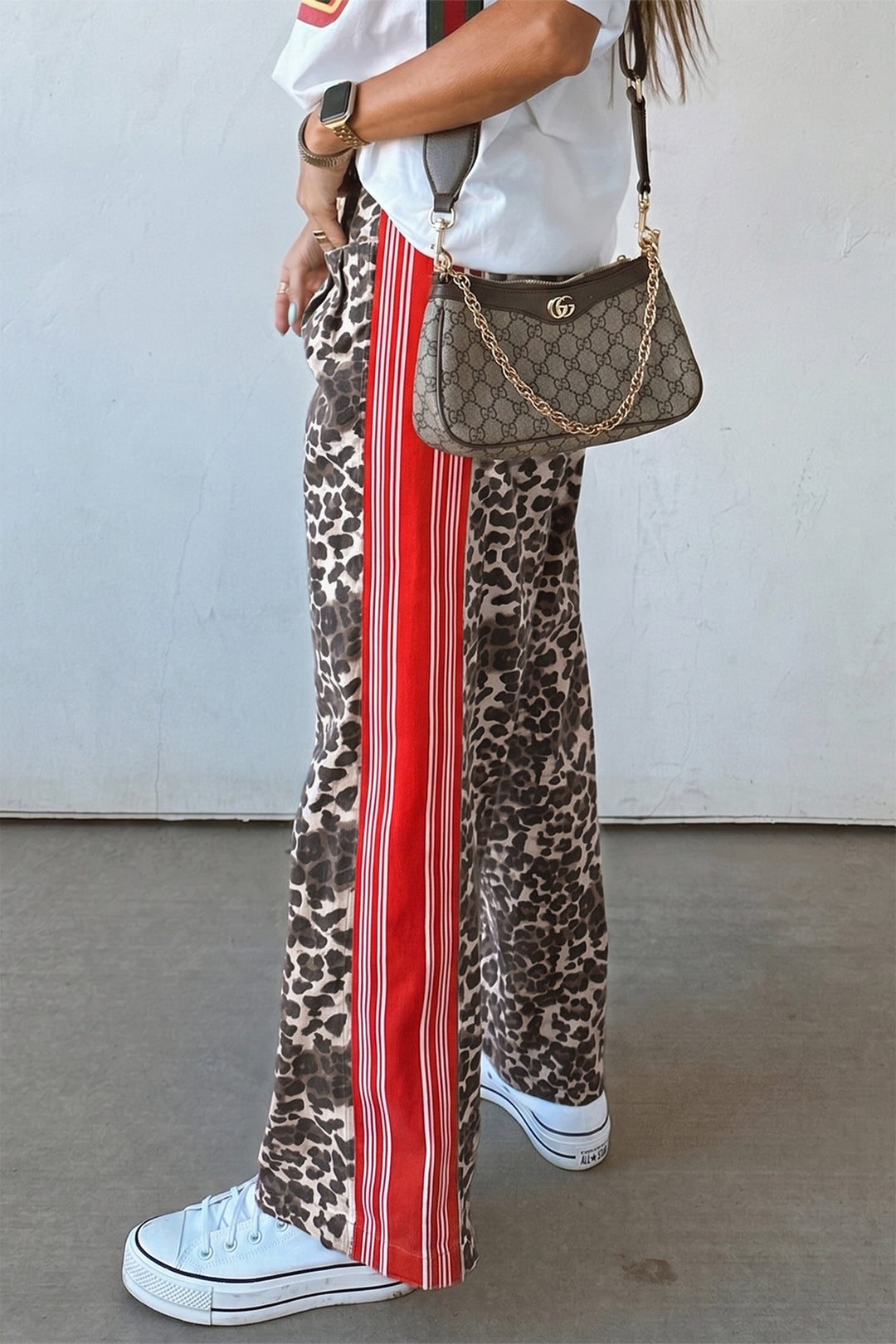 Brown Leopard Patchwork Elastic Waist Jeans