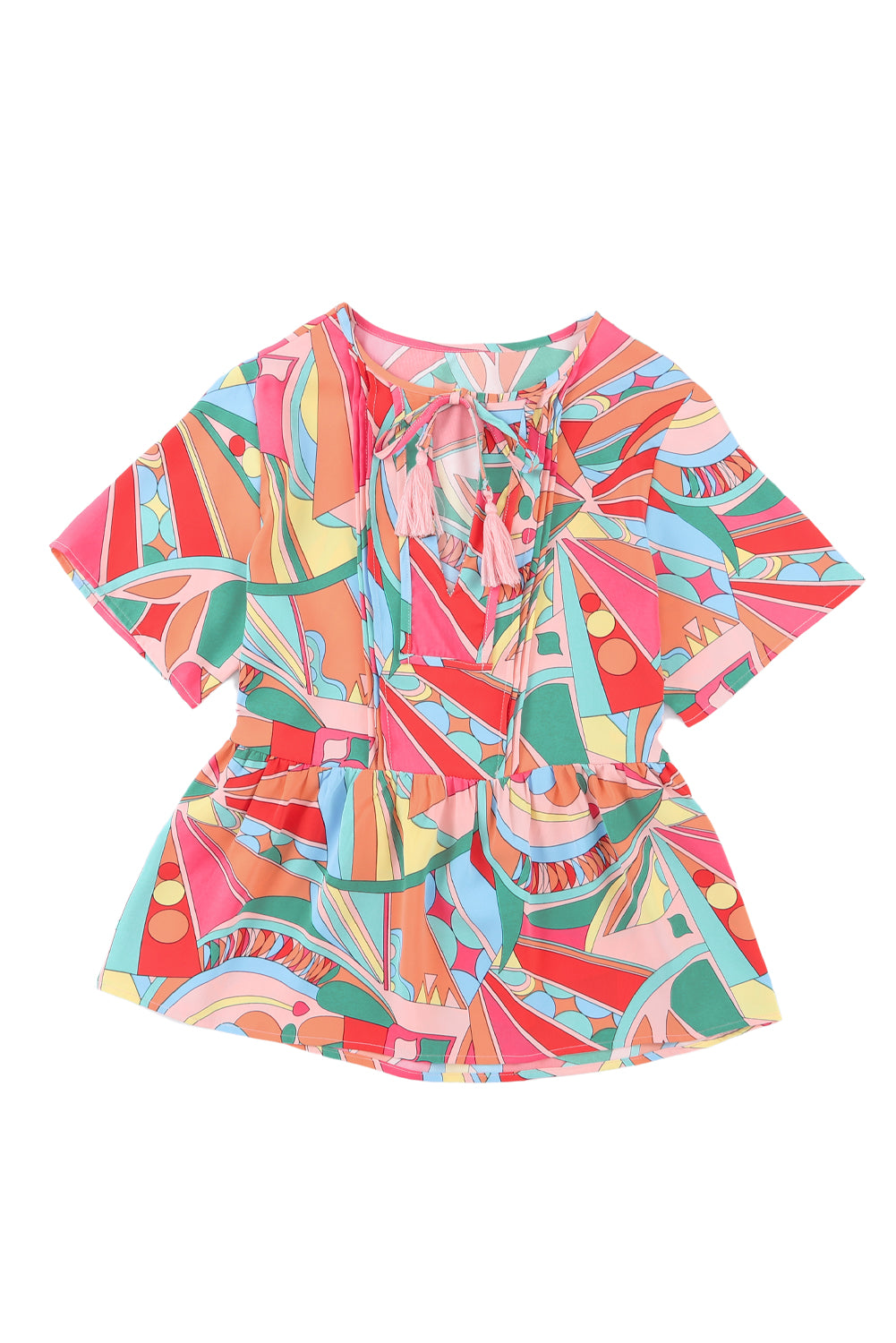 Multicolor Boho Abstract Pattern Split V Neck Flowy Blouse