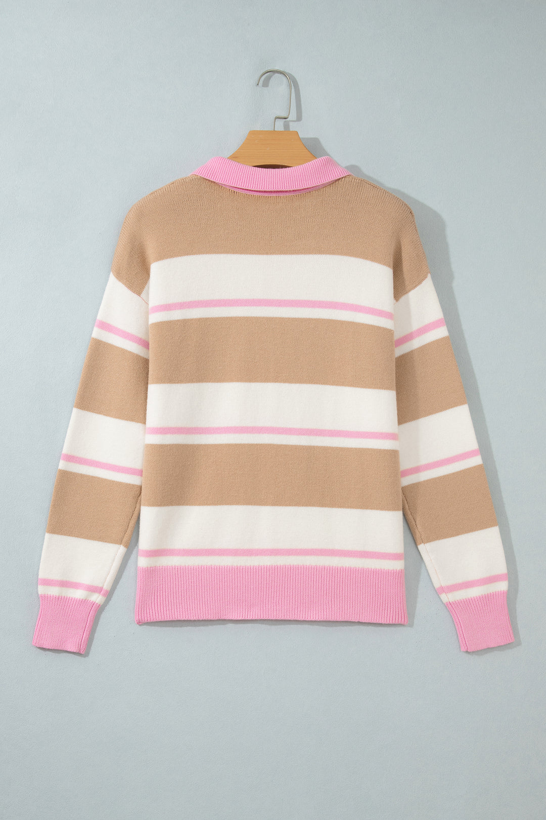 Khaki Stripe Striped Drop Shoulder Button Placket Long Sleeve Sweater