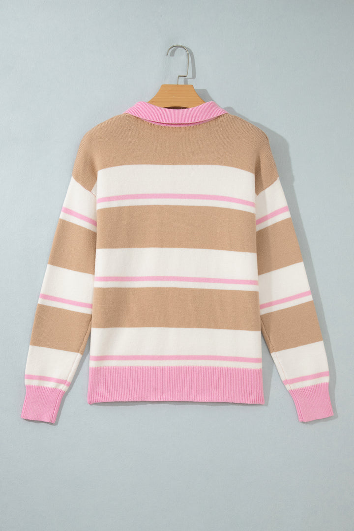 Khaki Stripe Striped Drop Shoulder Button Placket Long Sleeve Sweater