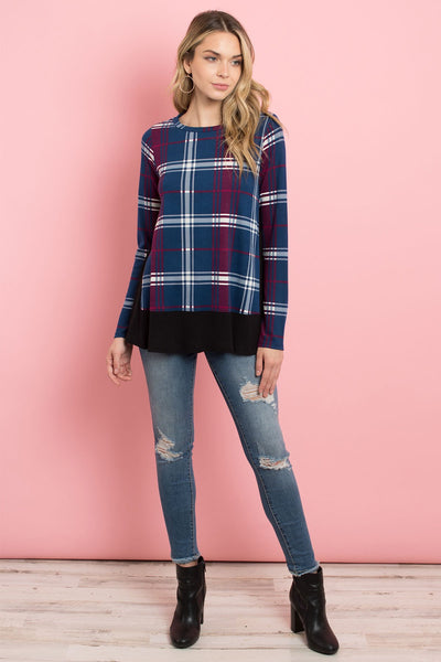 Solid Hem and Side Contrast Plaid Top