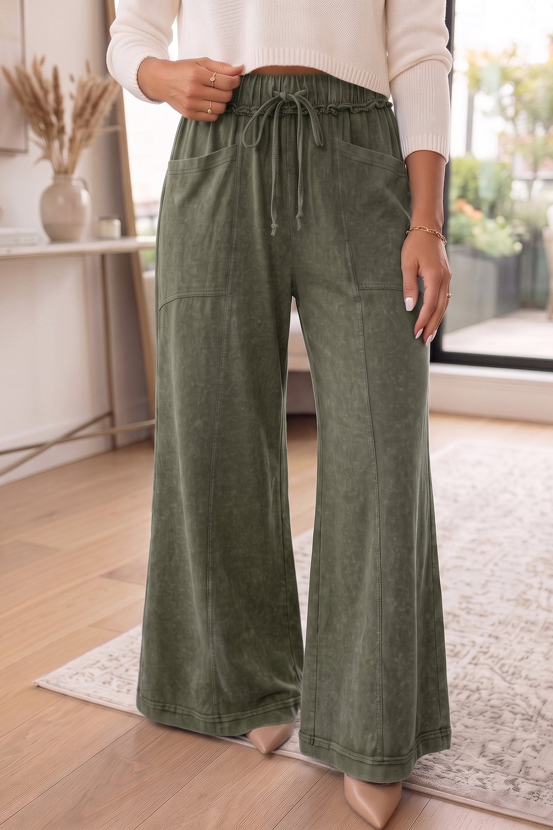 Ashleigh Blue Mineral Wash Seam Detail Flare Leg Drawstring Pants