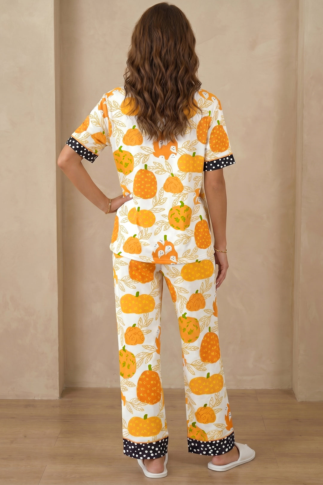 Orange Short Sleeve Pumpkin Print Polka Dot Trim Pocket Pocket Placket Home Wear Lounge Set