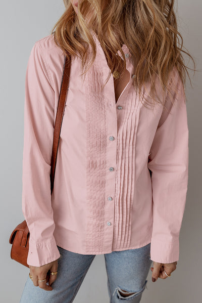 Light Pink Pleated Button-Up Loose Fit Casual Shirt