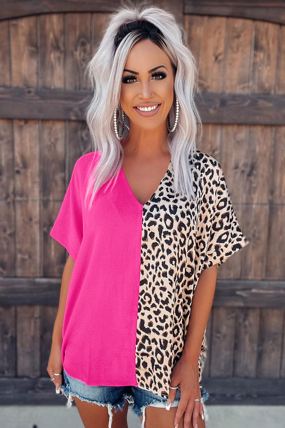 Rose Contrast Leopard Color Block Blouse