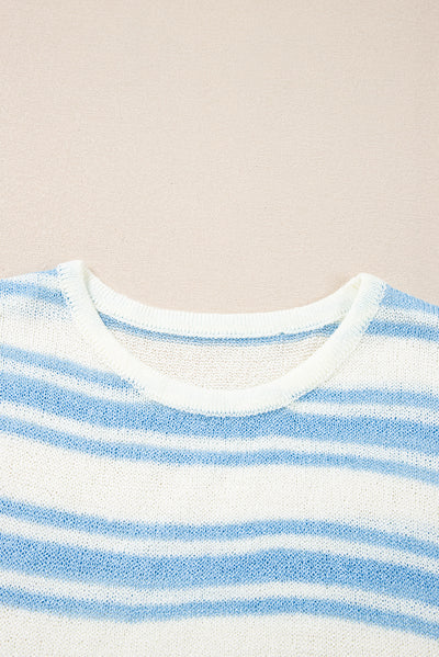 Sky Blue Stripe Boxy Fit Wide Sleeve Sweater T Shirt