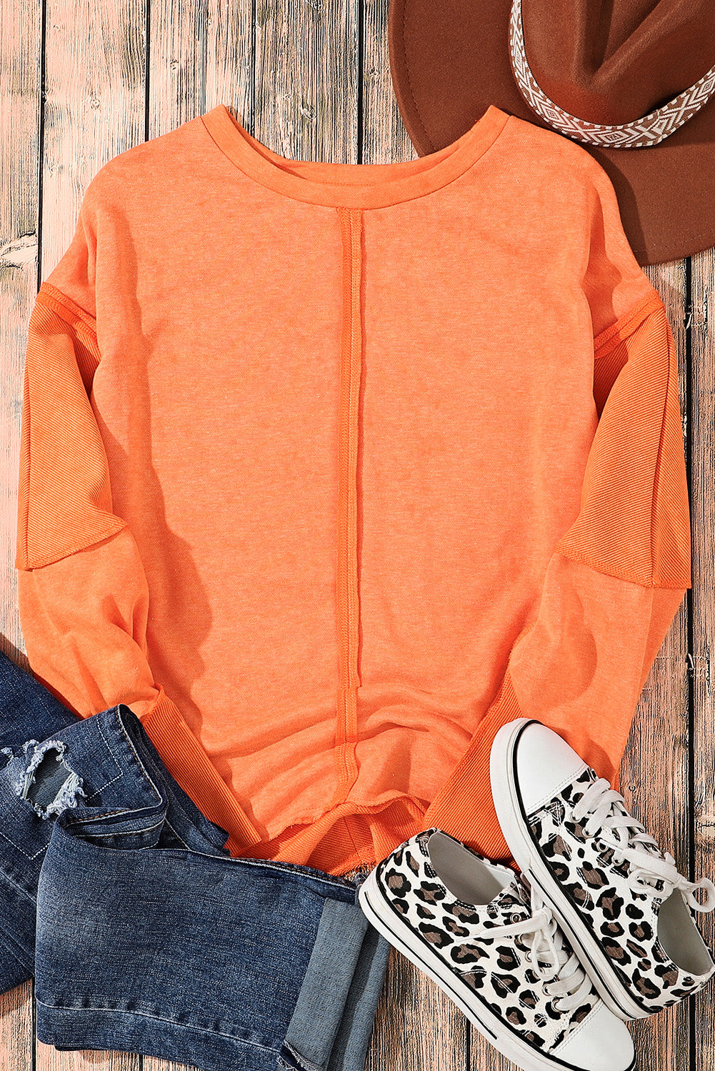 Orange Exposed Seamed High Low Raw Edge Sweatshirt