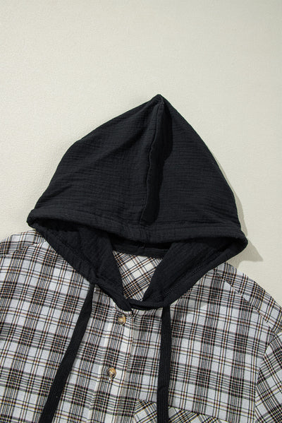 Black Checkered Print Loose Fit Buttoned Hooded Shacket