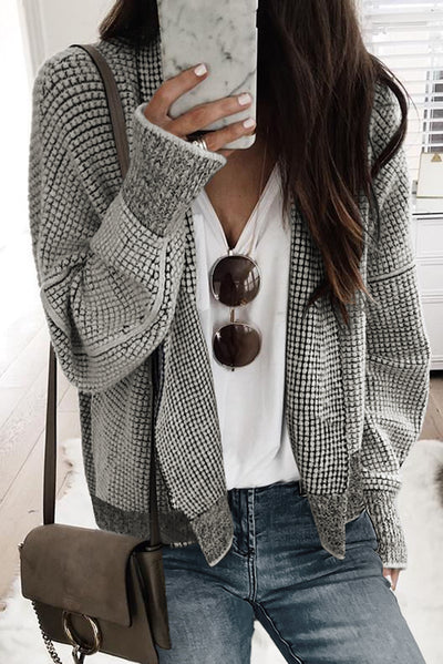 Grey Plaid Contrast Trim Open Front Cardigan