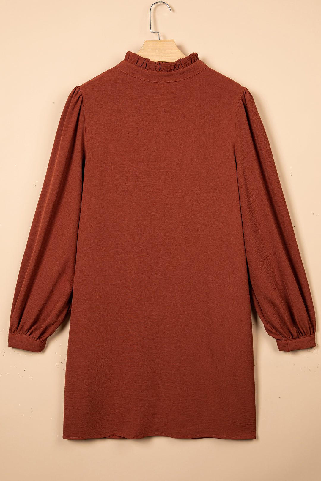 Coffee Solid Shift Long Sleeve Short Length One Piece Dress