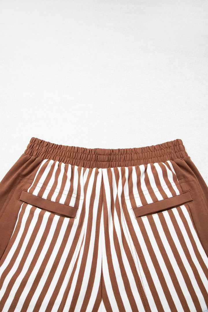 Brown Stripe Color Block Patchwork Quarter Zip Pullover Sporty Shorts Set
