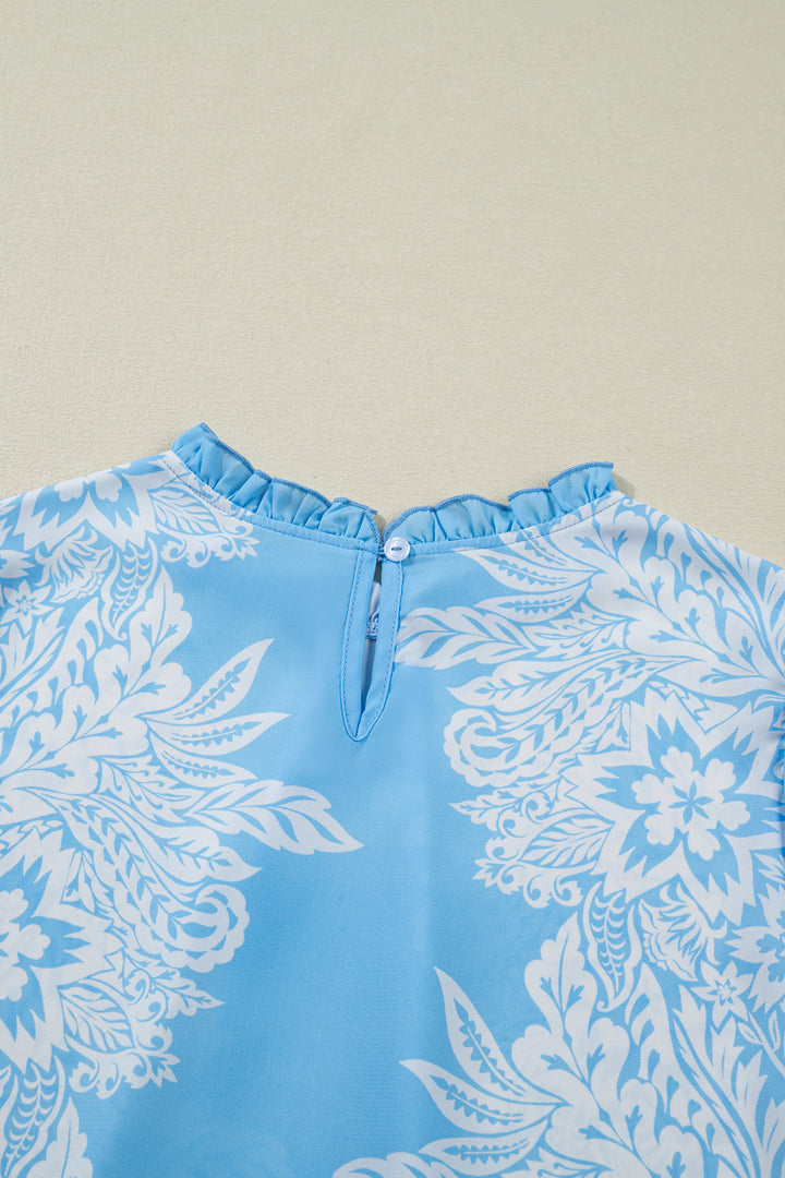 Sky Blue Ruffled Collar Puff Sleeve Flower Blouse