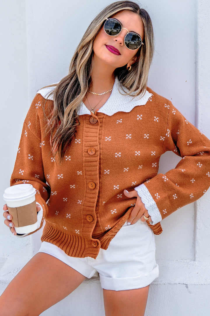 Russet Orange Peter Pan Collar Colorblock Long Sleeve Knitwear Cardigan