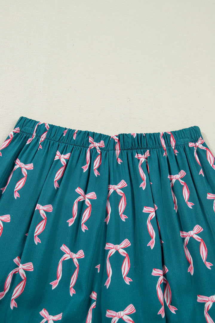 Green Ribbon Bow Print Silky Long Sleeve Shirt and Shorts 2pcs Pajama Set