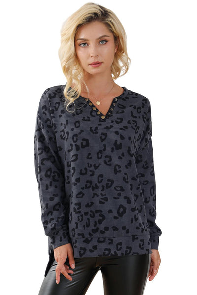 Gray Leopard Print Button Split Neck Waffle Sweatshirt