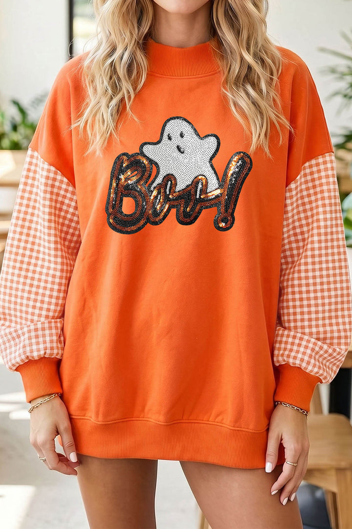 Russet Orange Boo Sequin Ghost Plaid Patchwork Sleeve Halloween Pullover Sweatshirt
