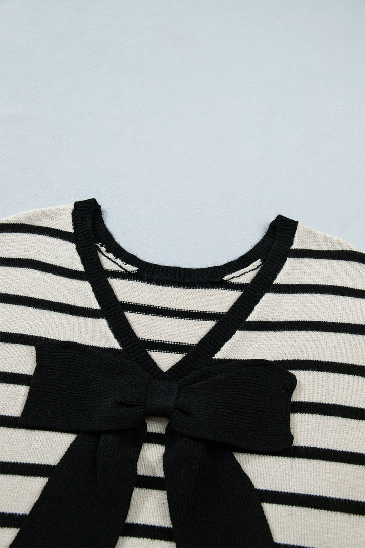 Black Stripe Bow Applique Short Sleeve Sweater