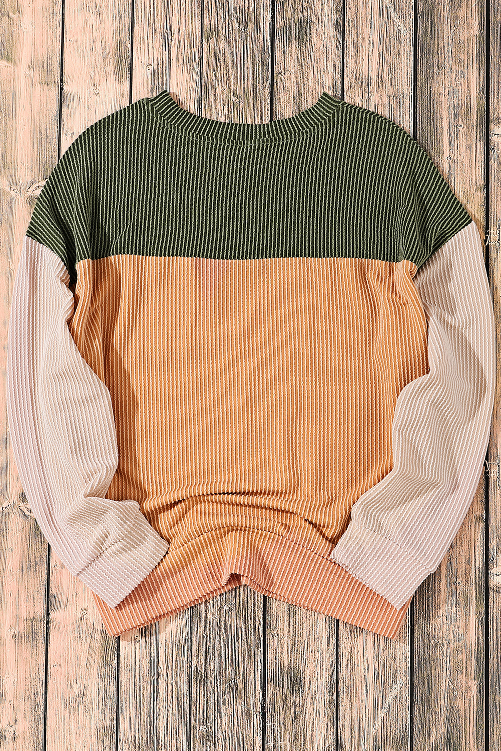 Green Color Block Long Sleeve Ribbed Loose Top