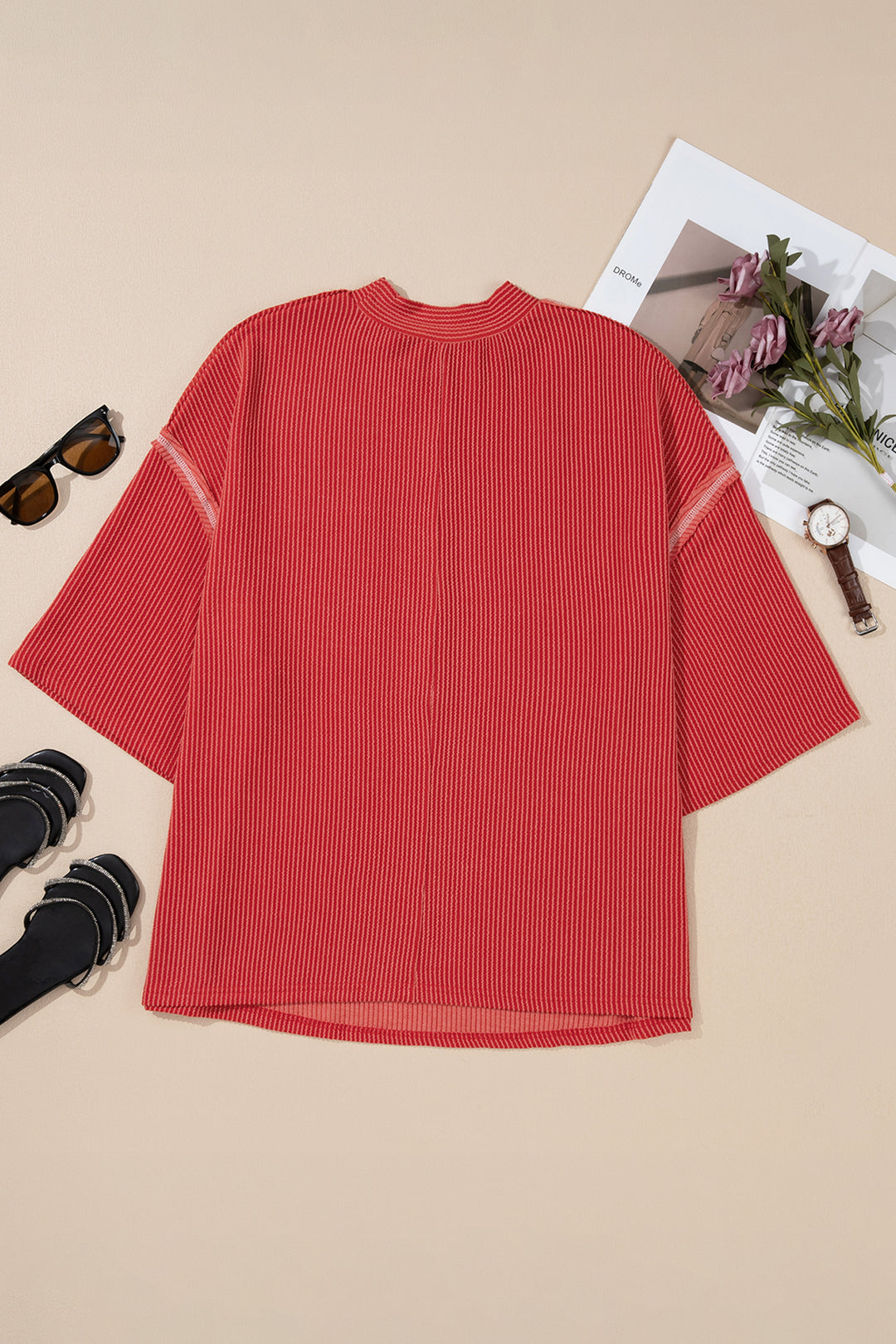 Fiery Red Twist Ribbed Tunic Round Neck Bracelet Sleeve Plus Size Blouse
